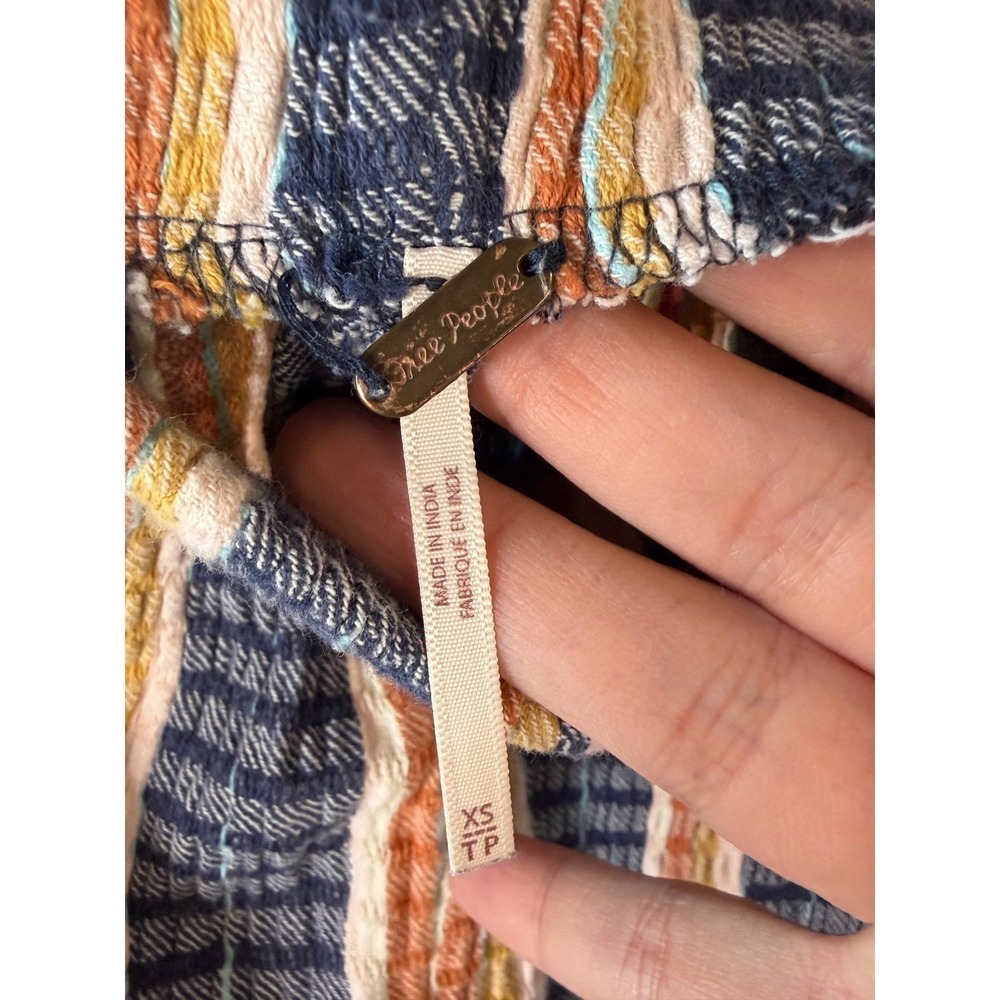 Free People XS Striped Flare Pants Blue Orange Textured High Waist Boho Retro - Picture 7 of 10